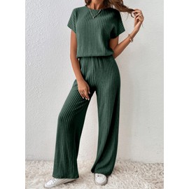 Happy Sailed Women's Casual Crewneck Jumpsuit Loose Fit Long Sleeve Ribbed Elastic Waist Stretchy Romper Wide Leg Jumpsuits Green Large
