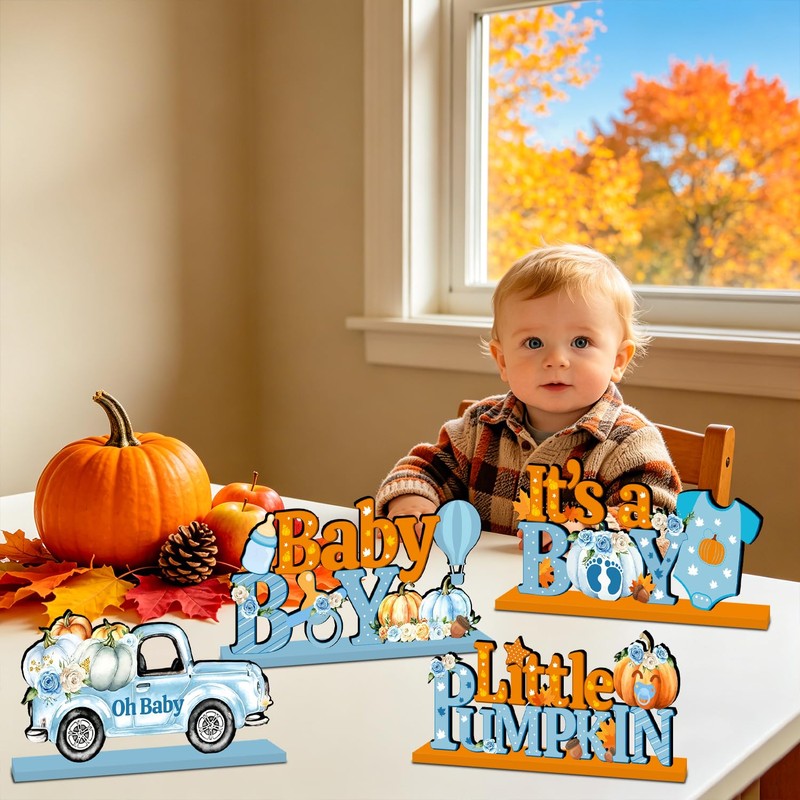 4Pcs Fall Little Pumpkin Baby Shower Decorations Wooden Table Centerpieces