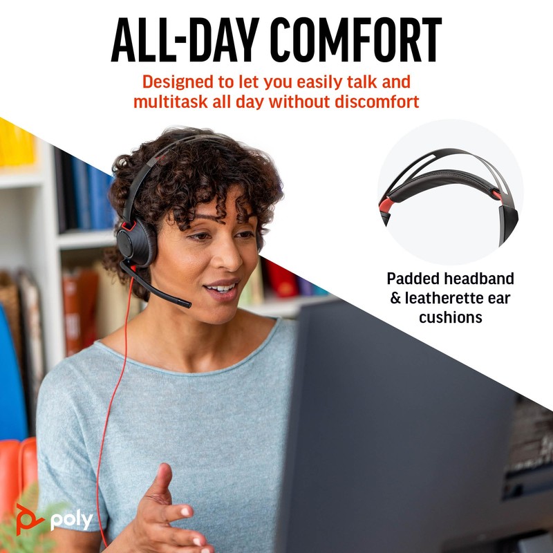 Poly Blackwire 5220 Wired Headset - Flexible Noise-Canceling Boom Mic