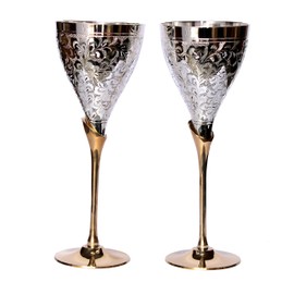 Stonkraft Engraved Pure Brass Premium Goblet Champagne Flutes Coupes Wine Glass Set Standard Silver