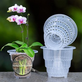 Meshpot 5 inch Clear Plastic Orchid Pots with Holes and Saucers for Repotting,Pack of 4,Small Orchid Planters Own Scientific Controlling Roots Technology to Develop More Strong Roots