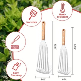 2 Pack Stainless Steel Spatula With Wooden Handle, Flexible Fish Spatula Perfect for Flipping Eggs Burgers and Baking, Durable Lightweight Metal Slotted Spatulas Great for Kitchen Cooking & BBQ