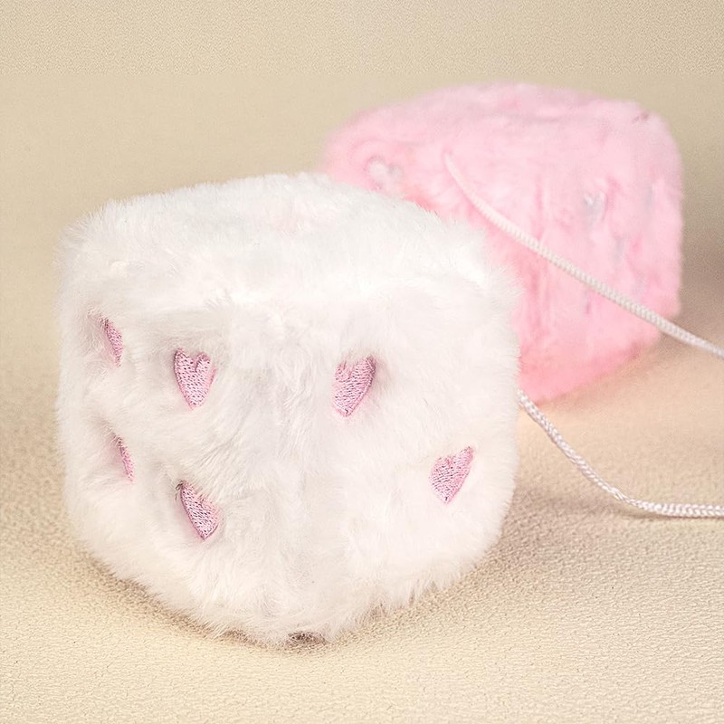 Heart Embroidered Fuzzy Plush Dice - 3-Inch Decorative Car Mirror
