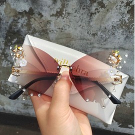 willochra Women Butterfly Cat Eye Sunglasses Fashion Shiny Bling Diamond Sunglasses Polygonal Pink Rhinestone Sunglasses, 2pcs-brown&gary, Medium