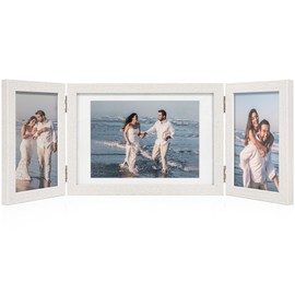 Afuly Photo Stand Postcard 2L 3-Panel Photo Frame Stylish Foldable Photo Frame Tabletop/Wall Mount Wood Grain Photo Frame White Wedding Anniversary Birthday Memorial Day Present