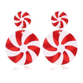 RLHRNDE Christmas Candy Earrings for Women Girls Cute Handmade Acrylic Red Green Peppermint Candy Cane Color Dangle Drop Statement Earrings Christmas Holiday Party Decorations (Red)
