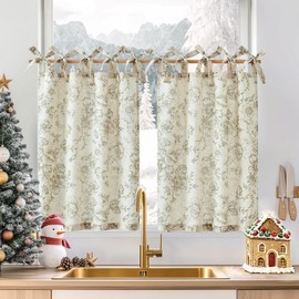 jinchan Floral Linen Tier Curtains 36 Inch Christmas Decorations Farmhouse Cafe Curtains Tie Top Botanic Drapes for Small Windows Country Rustic for Laundry Room Bathroom RV 2 Panels Green on Beige