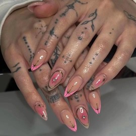 MISUD Press on Nails Almond Medium Fake Nails Glossy Glue on Nails Pink Ombre Acrylic Nails Stiletto Artificial Nails French Tip Stick on False Nails with Gold Chrome Star Design 24 pcs