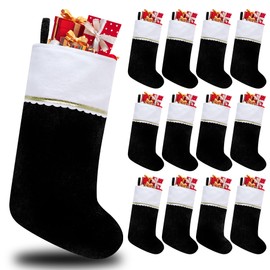 Tokforty 12 Pack Felt Christmas Stockings, 19 Inches Black and White Christmas Stockings, White cuff with Gold Trim Christmas Stockings for Family Christmas Holiday Decorations