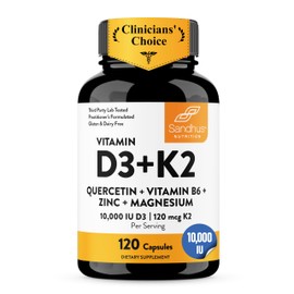 Sandhu's Vitamin D3 K2 Magnesium 10000 IU, 120mcg K2 Capsules 120 Count (Pack of 1) | with VIT B6, Zinc & Quercetin | D3K2 Supports Superior Absorption, Energy, Immune, Muscle Health for Men & Women