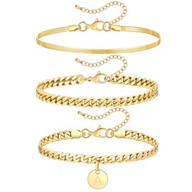 FOSIR Gold Initial Ankle Bracelets for Women, 14k Gold Plated Stainless Steel Anklets for Women Layered Cuban Link Herringbone Anklets Set, Letter A