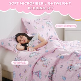 Pink Unicorn Girls Quilt Set Full Size Kids Bedding Sets Lightweight Summer Bedspread Soft Microfiber Breathable Bed Comforter All-Season