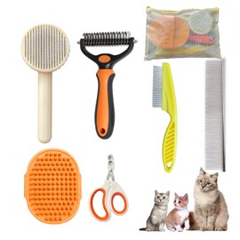 POSAPET Cat Grooming Brush Kit 6 Tools - Deshedding & Dematting for Long/Short Hair, Self-Cleaning Slicker Brush with 6-in-1 Flea Comb for Cats & Kittens (Orange)