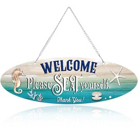 Hotop Beach Sign Decor Hanging Sea Decorations Starfish Wall Decoration Beach Plaque Door Wall Plaque Decor Sign with Seahorse and Scallop for Decoration(Stylish Style)
