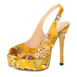 YODEKS Platform Stiletto Heels for Women Peep Toe 5 Inch High Heel Shoes Slingback Pumps Yellow Embroidered Floral Shoes Size 8