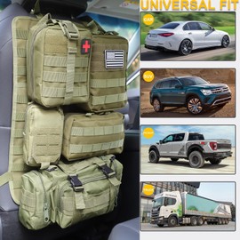 Jimikay Tactical Car Seat Back Organizer Hanger Bag with 5 Detachable Molle Pouch Vehicle Molle Panel Organizer Storage Bag Universal for for most car models (Military Green)