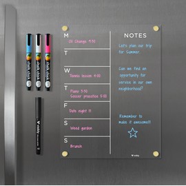 Magnetic Acrylic Weekly Calendar for Fridge, Weekly Meal Planner with Notes, Includes 4 Magnetic Wet-Erase Markers for Refrigerator, 9" X 12" | Silver Hardware