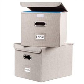 PRANDOM File Organizer Box - Set of 2 Collapsible Decorative Linen Filing Storage Hanging File Folders with Lids Office Cabinet Letter Size Light Grey (15x12.2x10.75 inch)
