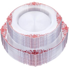 Nervure 100PCS Clear and Red Plastic Plates - Clear Red Disposable Plates Set, 50PCS 10.25" Dinner Plate & 50PCS 7.5" Dessert Plate Perfect for Wedding & Party & New Year