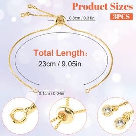Joez Wonderful 3pcs Adjustable Slider Bracelet for Jewelry Making, 18K Gold Plated Charm Bracelet Extender Chains with Rhinestones Ends for Women DIY Bracelet Jewelry Craft Supplies