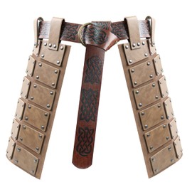 Medieval Faux Leather Waist Armor, Retro Double Sides Thigh Armor with Adjustable Belt, Mercenary Knights Skirt Armor (Light Brown)