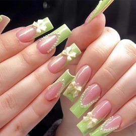 MERVF Long Square Press on Nails Green French Tip Fake Nails 3D Bow Press ons Glue on Nails with Pearls Design Squoval Acrylic False Nails Glossy 24pcs