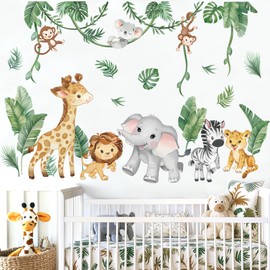 wondever Jungle Animals Tropical Leaves Wall Stickers Safari Lion Giraffe Elephant Peel and Stick Wall Art Decals for Baby Nursery Kids Bedroom Living Room