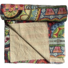 Sambhav Quilt Hub Multi Color Indian Cotton Handmade Quilted Blanket Indian Cotton Floral Print Bedspread Kantha Work Bohemian Bed Decor Throw Blanket Twin/King/Queen (60X90 inches)