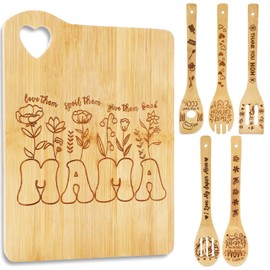 JarThenaAMCS Gift for Mom Wood Cutting Board and Burned Spoons Engraved Cooking Utensil Set for Mother's Day Birthday Party Supplies Home Kitchen Decor