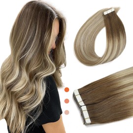 XDhair Tape in Real Human Hair Extensions 50g 20pcs 14Inch Balayage Ombre Walnut Brown to Ash Brown and Blonde Silky Straight Hair Extensions for Fashion Women(#3/8/22,14Inch)