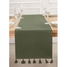 PurpleEssences Solid Ribbed Woven Table Runner Christmas Farmhouse Dining Room (Olive Green, 14 X 72 Inch)