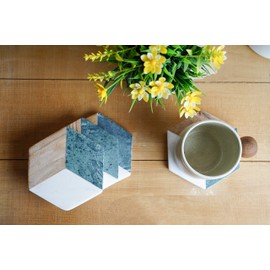 GoCraft Hexagon Geometric Coasters | Handcrafted Geometric Coasters with Green for your Drinks, Beverages & Wine/Bar Glasses | Green Marble & Wood Inlay on White Marble Base (Set of 4)