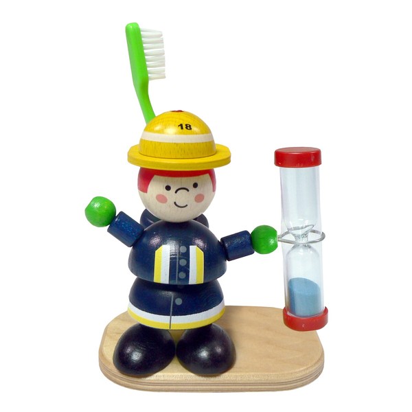 Hess Holzspielzeug 14575 - Zahnputzuhr aus Holz für Kinder, Serie Feuerwehrmann Fred, inkl. Bürstenhalter und drehbarer Sanduhr, handgefertigt, zur täglichen Nutzung beim Zähneputzen