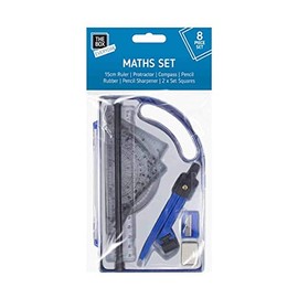 8 Piece Maths Set, Geometry Compasses Set Includes School Protractor, 15cm Ruler, Eraser, Pencil Sharpener, Compass, Pencil, 2 x Set Squares for Maths Learning, Home Schooling