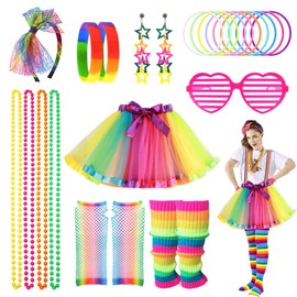 80s Costume Neon Outfits Accessories Set Women Fancy Dress Rainbow Tutu Leg Glove Necklace Headband Earring Glasses
