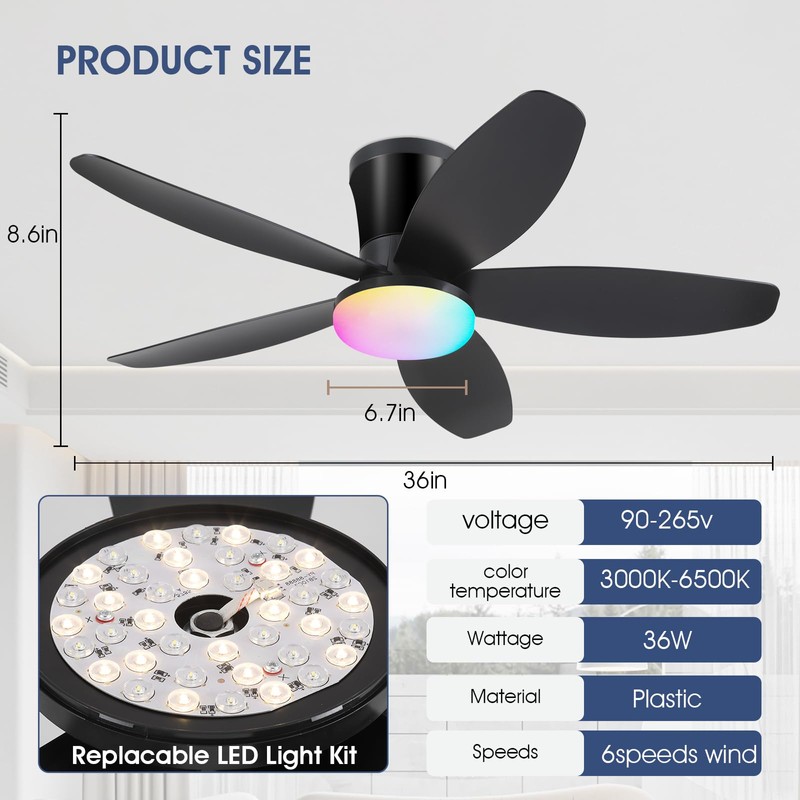Surtime Flush Mount RGB Ceiling Fans with Lights-36 Low Profile