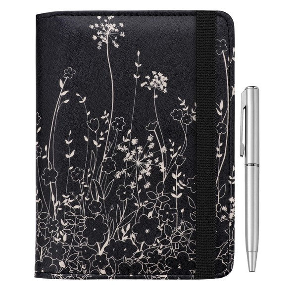 WALNEW RFID Blocking Passport Holder, D-Black Flowers, One_Size, Elastic Band