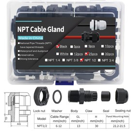 HUIXHAO 1/2" NPT Cable Gland Connector Waterproof IP68 Adjustable Locknut for 6-12mm Cable Diameter, Nylon PA66 Cable Glands, Used in Junction Box(1/2" NPT,Black,25pcs)
