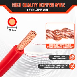 6 Gauge Wire 6 Awg Wires 15FT Black + 15FT Red, Battery Cable 6 Gauge Marine Wires, 6awg Copper Welding Cable Standard with Wire Lugs Terminal Connectors and Heat Shrink Tube