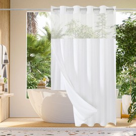 Gibelle Extra Long Shower Curtain 72x86, Waffle Weave Bathroom Shower Curtain with Snap-in Fabric Liner Set, No Hooks Needed, Hotel Style with Mesh Top Window, White
