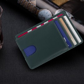 AMEHA Men's Minimalist Slim Wallet Front Pocket Genuine Leather RFID Blocking Business Card Holder with ID Window, Green, Front pocket