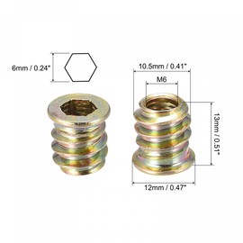 uxcell M6x13mm Threaded Inserts for Wood Hex Socket Drive Furniture Screw-in Nut 24pcs