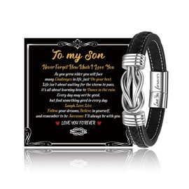 BOCHOI Christmas Gifts to My Son Bracelet from Dad Mom, Stocking Stuffers for Teen Boys Men's Black Leather Bracelet Engraving Infinity Knot Bracelet Jewelry, Ideal Birthday Gift Bonus Son 8.5inch