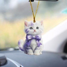 2D Flat Cat Car Rear View Mirror Charm, Acrylic Car Rear View Mirror Hanging Ornament, Christmas Tree Decoration Present, Auto Interior Pendant Accessories for Window (Purple Cat)
