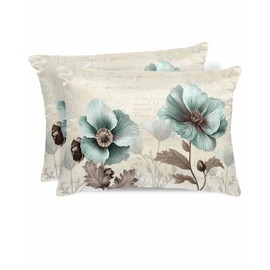 Blue Green Floral Satin Pillowcase for Hair and Skin with Zipper, Mallow Flowers Soft Breathable Cooling Silk Pillow Cases, Spring Summer Retro Throw Pillow Covers Standard Size 20''x26'' Set of 2