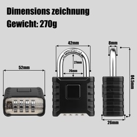 4-Digit Heavy Combination Lock, Diyife 52 mm Padlock with 8 mm Thick Shackle, Made of 304 Stainless Steel, One Button Release, Waterproof and Theft-Proof for Yard, Fence, Garages, Gates - Black