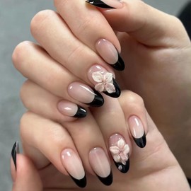BABALAL Press on Nails Almond Medium Fake Nails Black French Tip Glue on Nails 3d Texture Flower Acrylic Nails Handmade Diy False Nails 24Pcs Stiletto Full Cover Stick on Nails for Women Girls