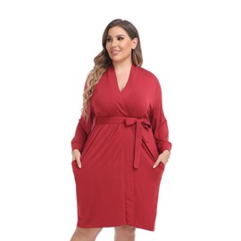 Women Knit Robe Plus Size Kimono Modal Bathrobe Lightweight Maternity Nightwear Comfy Loungewear Soft Sleepwear, Wine 2X