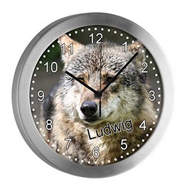 CreaDesign Children's Radio-Controlled Wall Clock with Name, Children's Room Radio-Controlled Clock, with Analogue Dial, Low Noise, Child Wall Clock, Wolf Motif