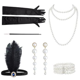 Rbleote Great Gatsby 6-Piece Accessories Set 1920s Accessories Women's with Hair Bands Gloves Earrings Bracelet Necklaces Plastic Tube Elegant Party Prom